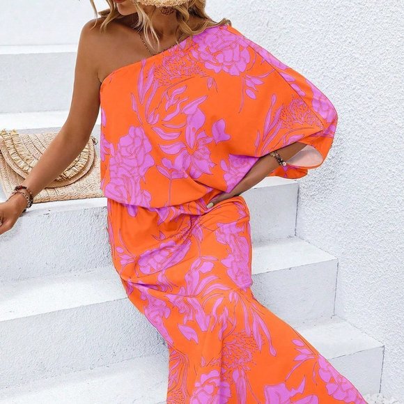 . Dresses & Skirts - Multicolor Boho WomensFloral Print One Shoulder Batwing Sleeve Split Thigh Dress